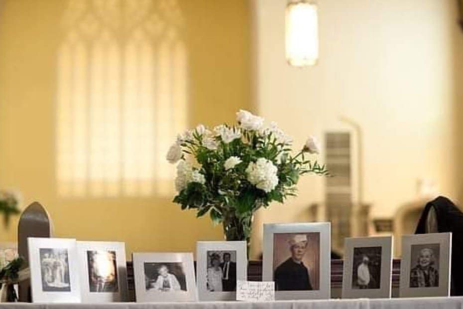 Photographs of a family with white flowers